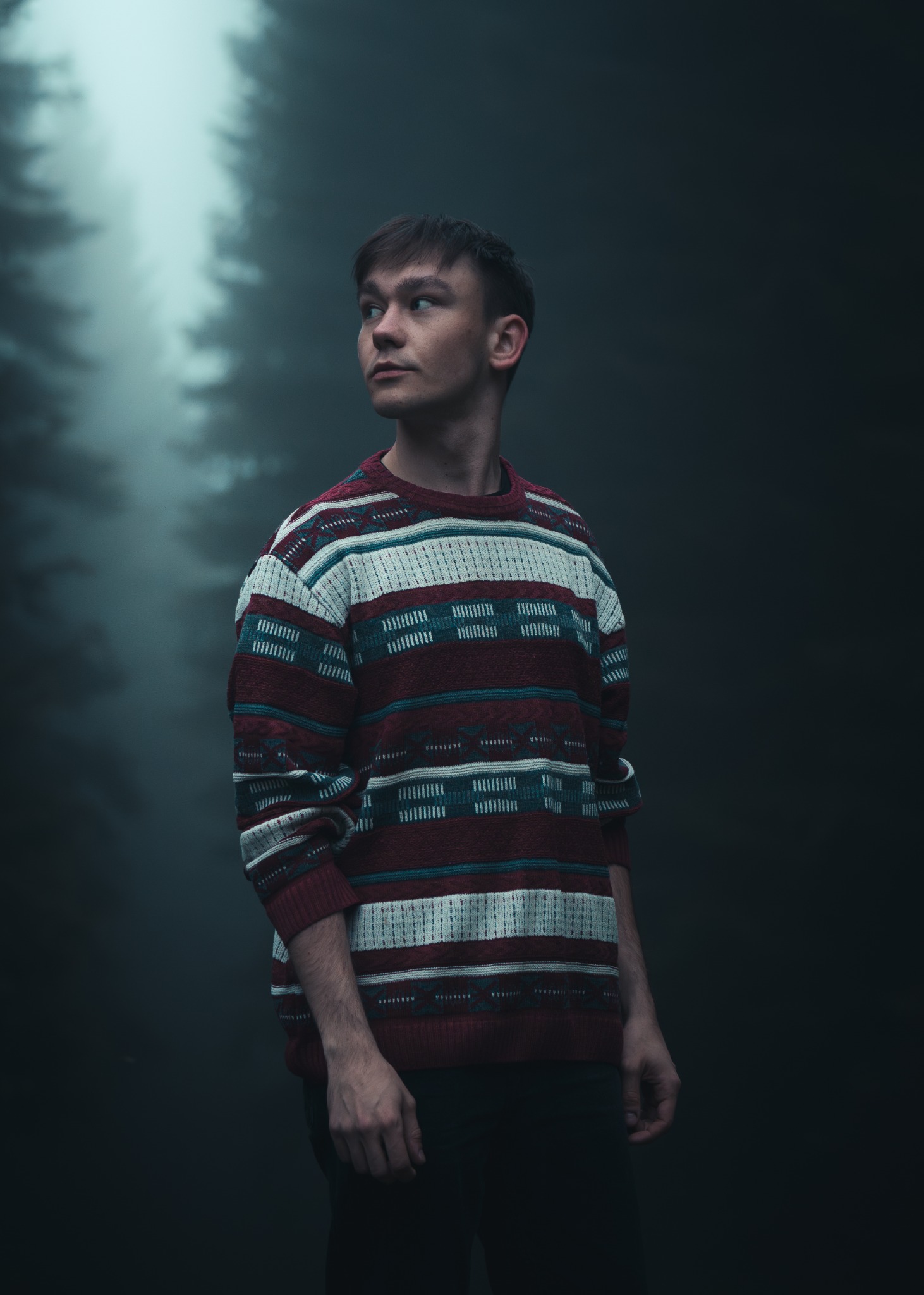 Portret mężczyzny w swetrze w mglistym lesie
